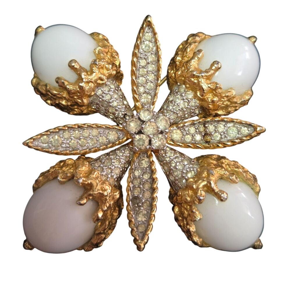Rare Vintage Jomaz Maltese Cross Milk Glass & Rhinestone Goldtone Brooch